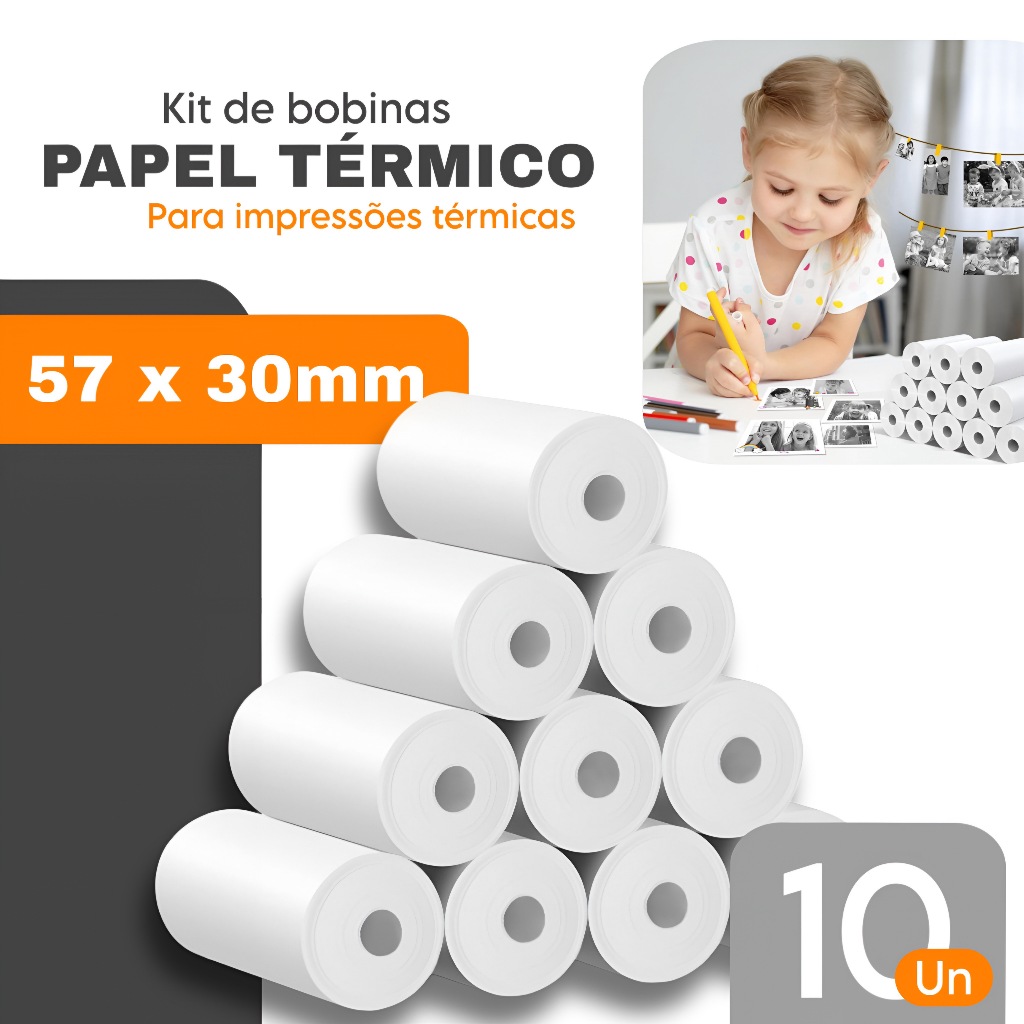 Kit Rolos Bobina Térmica Papel Não Adesivo Branco para Mini Impressora e Camera Portatil