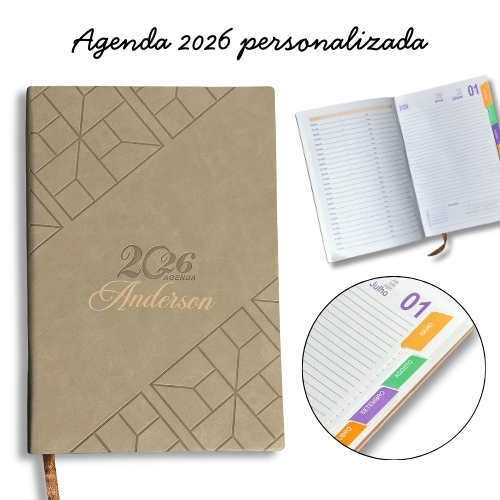 Agenda 2026 Personalizada em Couro Sintético Bege com Gravação a Laser Empresa Nome Logo Simbolo