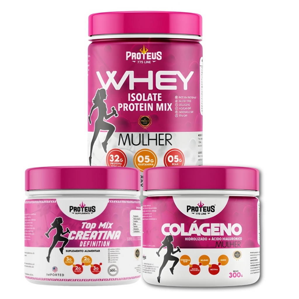 Kit Whey Protein Isolado Concentrado Blend  + Creatina  300g + Colágeno Hidrolisado 300g -  Feminino