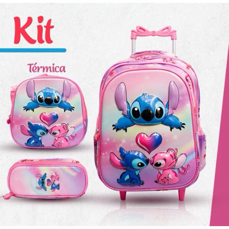 kit mochila escolar stitch 3D  com rodinhas lancheira térmica e estojo
