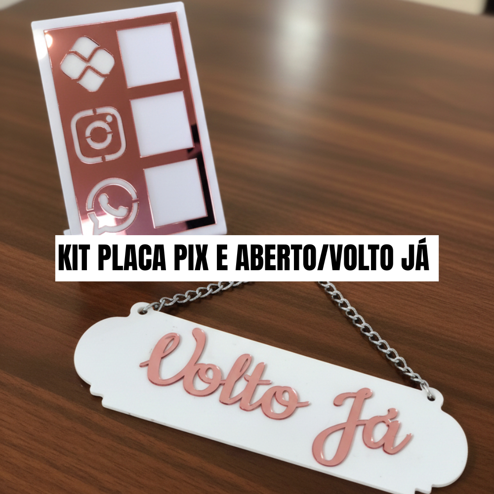 KIT PLACA ABERTO E VOLTO JA E PLACA PIX DISPLAY DE MESA QR CODE 3 EM 1
