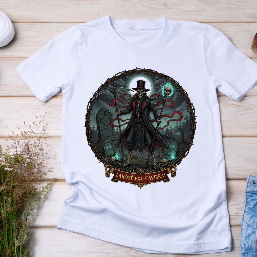 Camiseta Exu Caveira Laroyê - Camisa Religiosa Umbanda Candomblé Branca