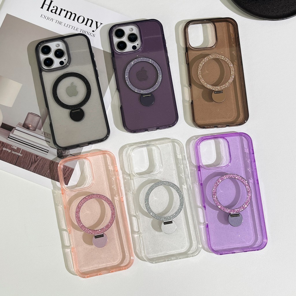 Capa Transparente com Glitter & Suporte Circular para iPhone 16 16e 16 Pro Max 17 17 Air 17 Pro 17 Pro Max (PMD)