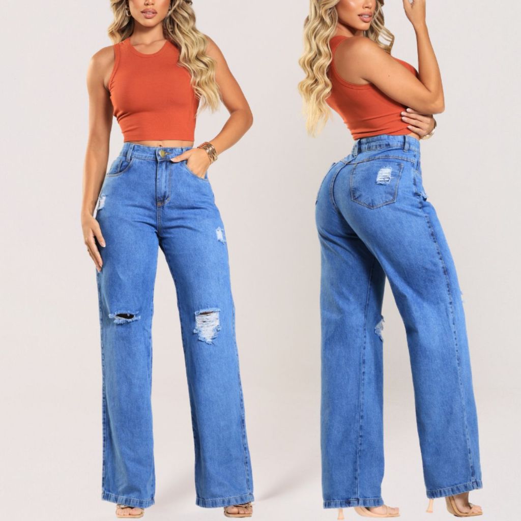 Calça Jeans Feminina Wide Leg Pantalona Marmorizada Cintura Alta 100% Algodão Premium Levanta Bumbum