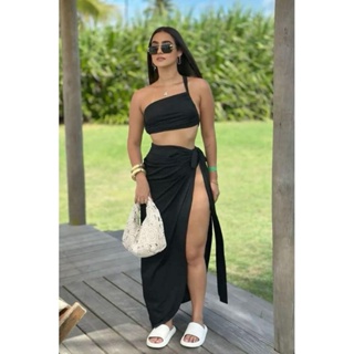 Conjunto saia midi praia Saia com fenda profunda Saída de praia Luxo Look Praia conjunto cropped com saia longa praia em Oferta na Shopee