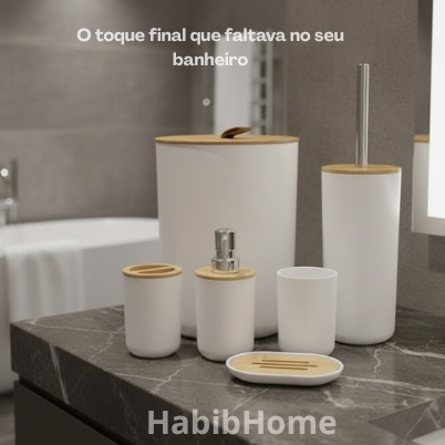 Kit Banheiro Luxo Preto/Branco com Bambu — Lixeira 6,5L + Escova Sanitária Premium em Oferta na Shopee