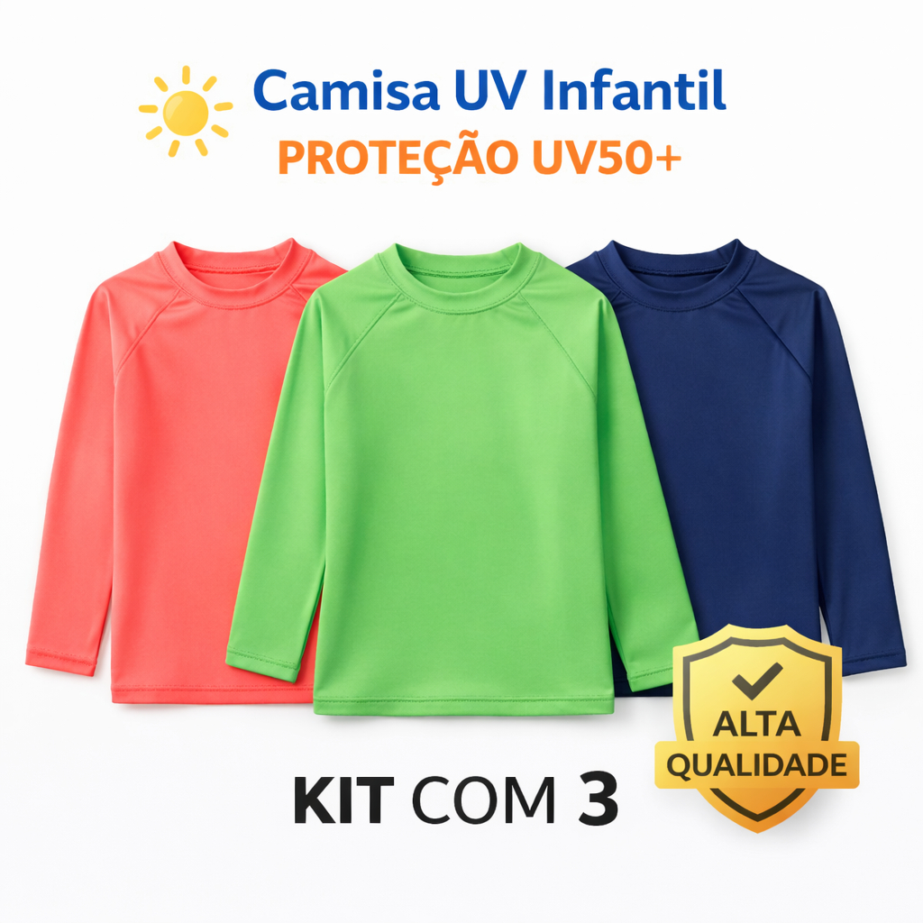 Kit 3 Peças Camisas com Proteção Solar UV50+ Praia e Piscina Moda Bebê e Juvenil Segunda Pele