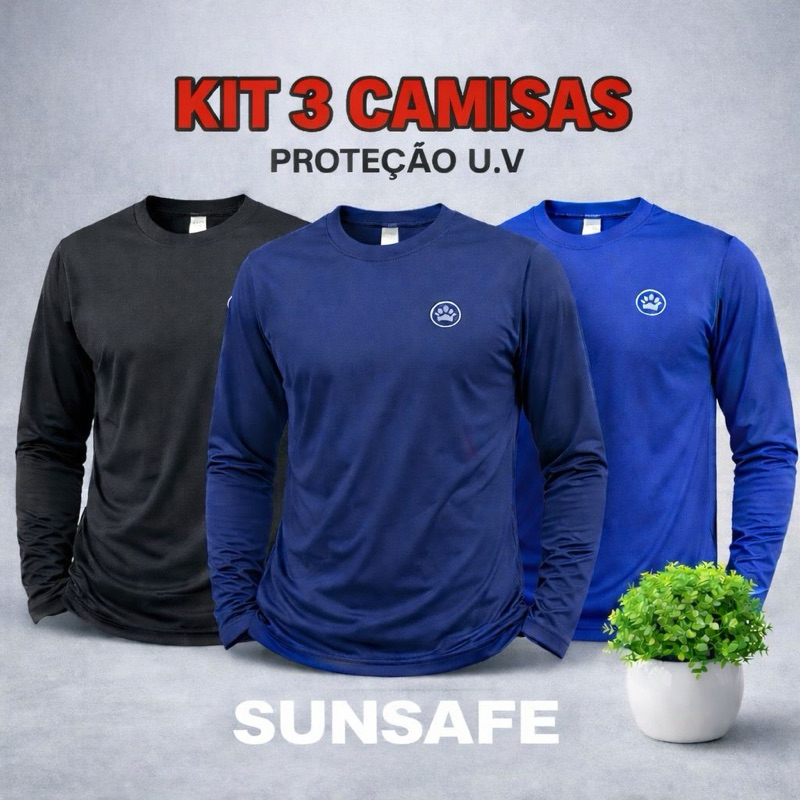 Kit 3 Camisas adulto Proteção UV Manga Longa SUNSAFE Poliamida Premium