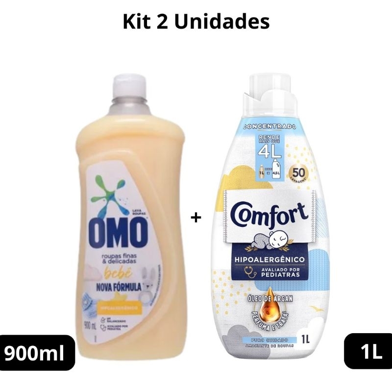 kit 1 Lava Roupas Omo Delicadas Bebê 900ml + 1 Amaciante Comfort Puro Cuidado 1L