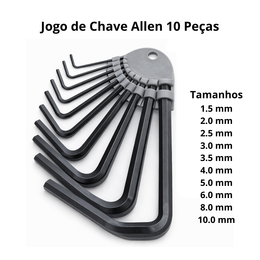 Kit de Chave Allen 10 Peças Jogo Chave Aliem Curta Hexagonal 1,5mm até 10mm