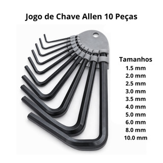 Kit de Chave Allen 10 Peças Jogo Chave Aliem Curta Hexagonal 1,5mm até 10mm