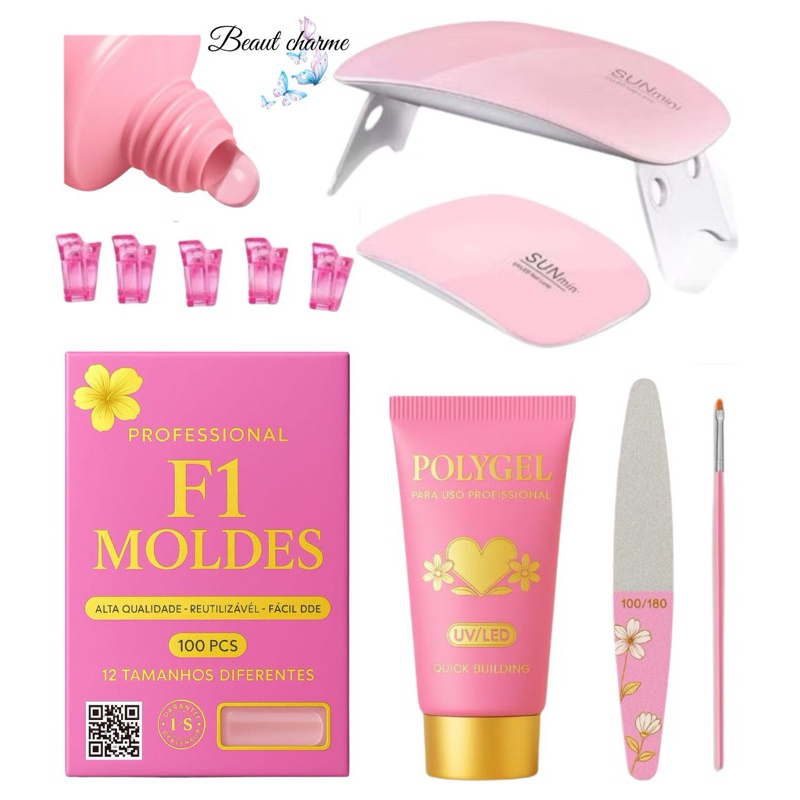 Kit Unha de Gel Completo Polygel Molde F1 Alongamento Unhas Manicure Lixa Pincel