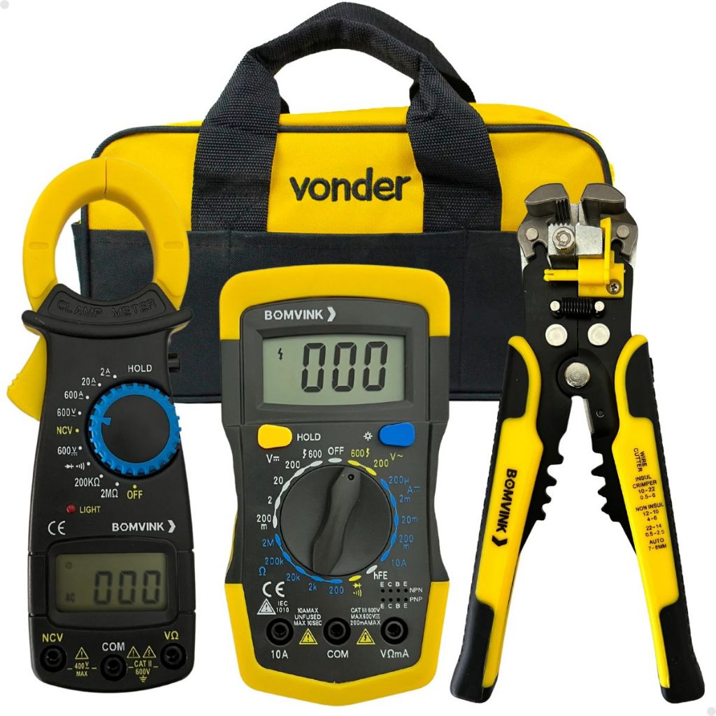 Kit Ferramentas Elétricas Multímetro Amperímetro Alicate Decapador Bolsa Ferramentas