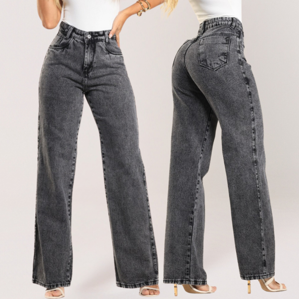Calça Feminina Jeans Wide Leg Pantalona Marmorizada Premium Levanta Bumbum Cintura Alta 100% Algodão Perna Larga