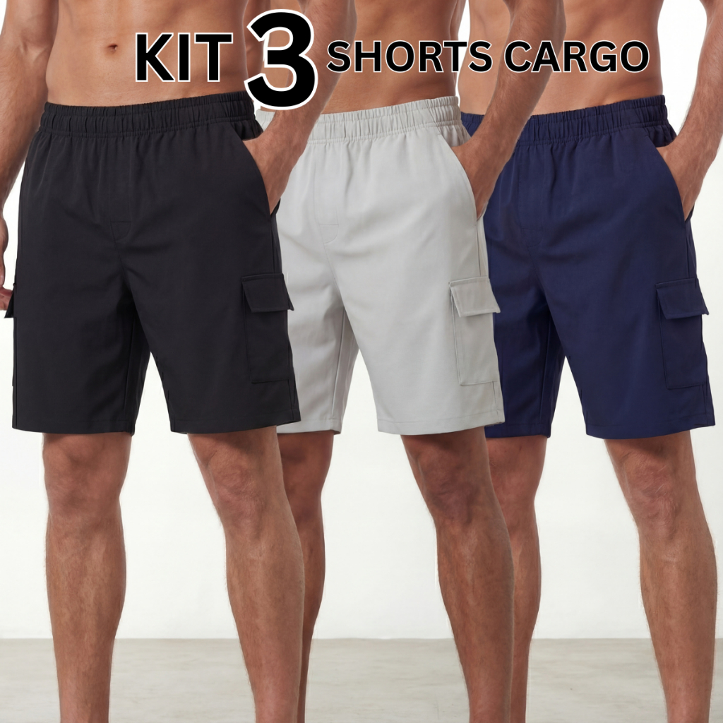 Kit 3 Shorts Cargo Masculina Com Bolsos Streetwear Tactel e Elastano Casual