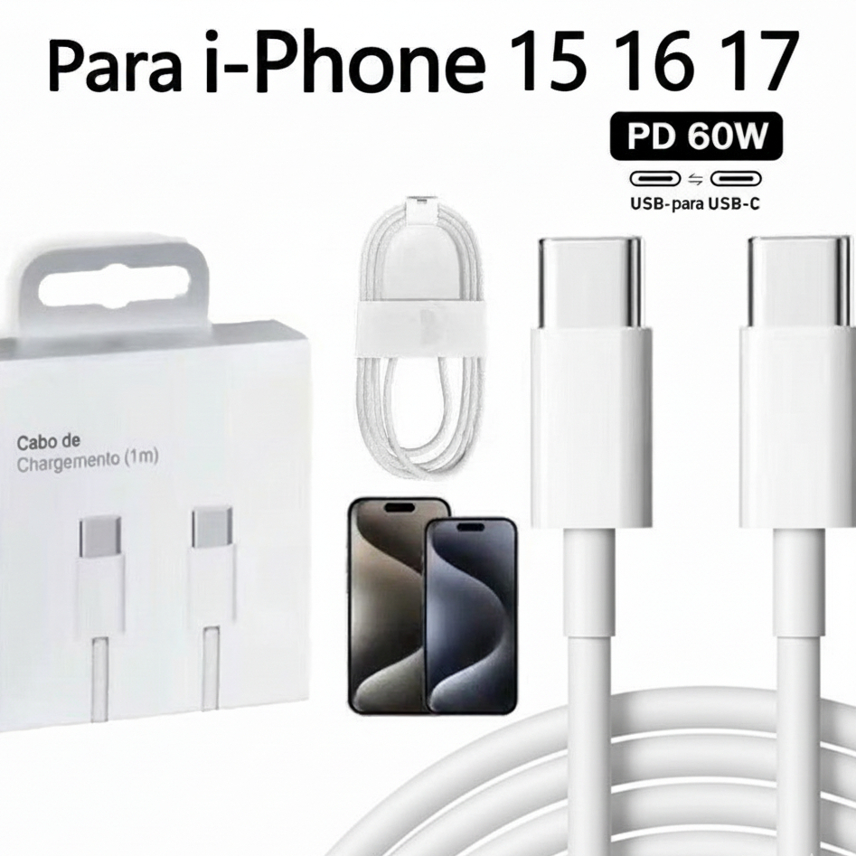 Cabo de iPhone 60W PD USB-C + cabo tipo c Original para iPhone 15 16 17