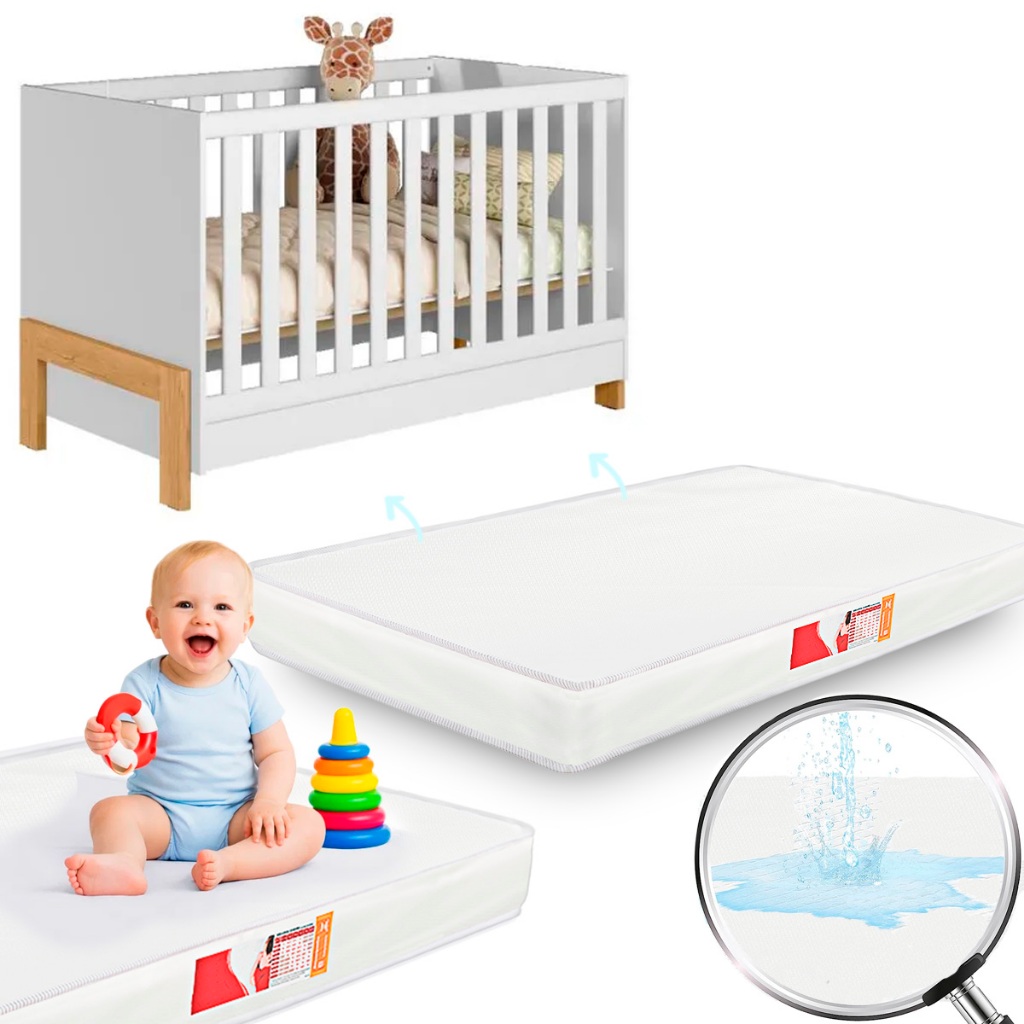 Colchão Berço Baby Branco D18 130x70 e 130X60 Impermeável /sem fitilho / com fitilho