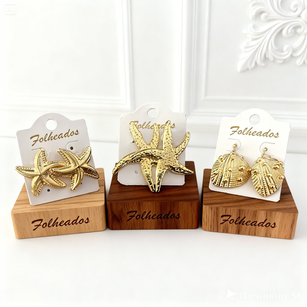 Brincos Femininos Folheados a Ouro 3 Pares Estrela do Mar e Concha Dourado Trio Brincos Delicados Elegantes