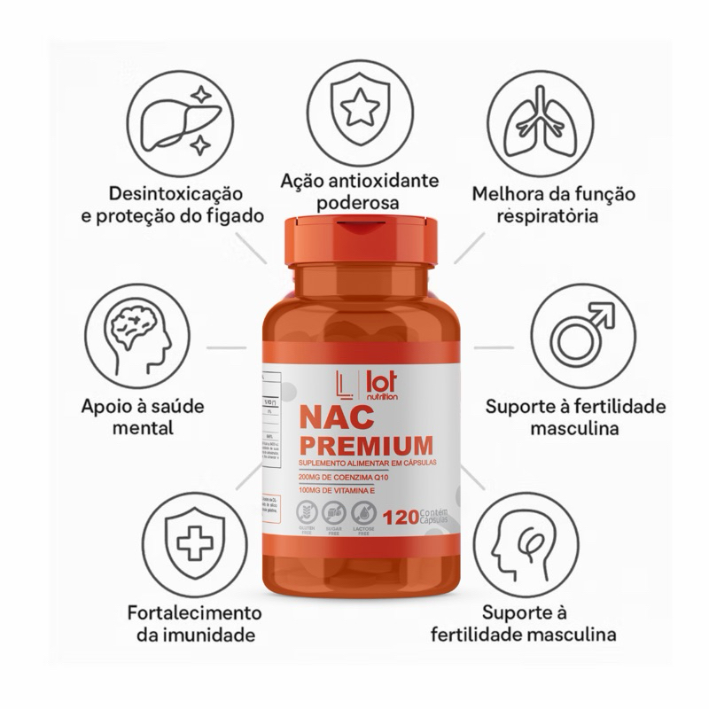 NAC Premium 600mg 120 Cápsulas Antioxidante Acetil cisteína