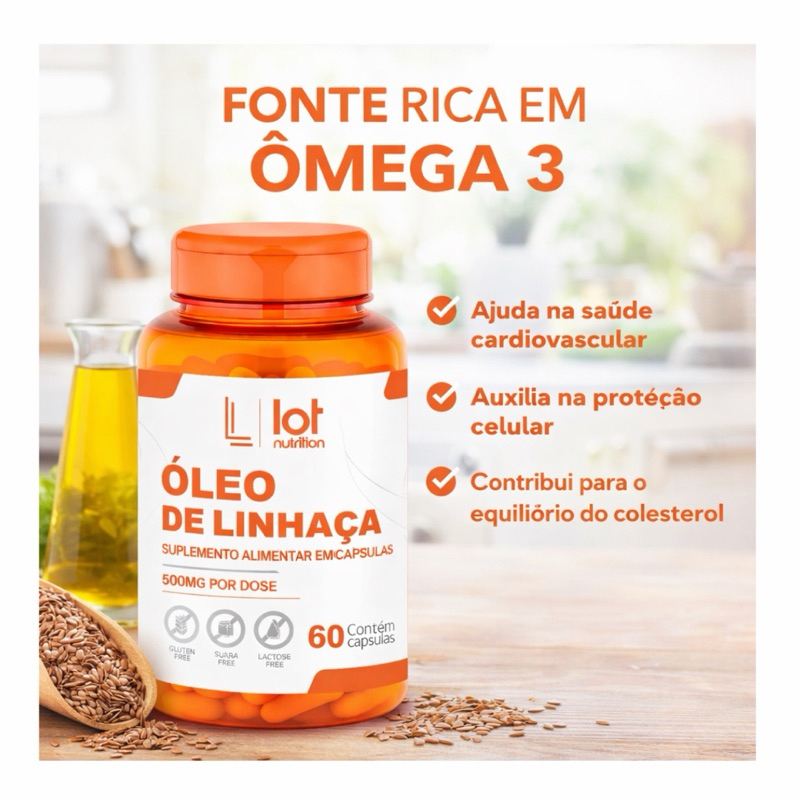 Óleo de Linhaça 500mg 60 Cápsulas Lot Nutrition Fonte Natural de Gorduras na Alimentação