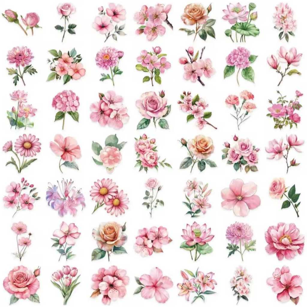 Kit 50 Adesivos Flores ROSA Fundo Transparente Vinil Á Prova D'água em Oferta na Shopee