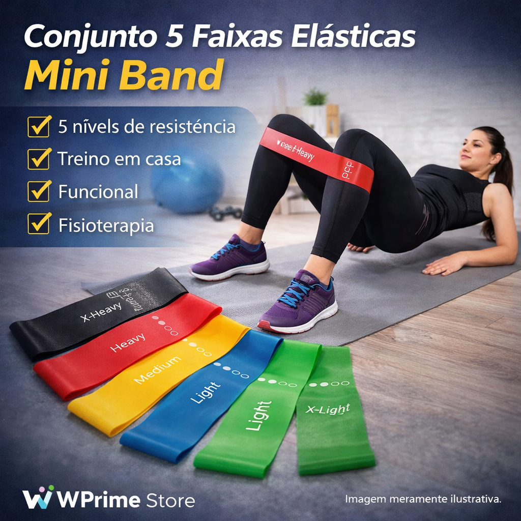 Conjunto 5 Faixas Elásticas Mini Band – Treino em Casa, Funcional e Fisioterapia