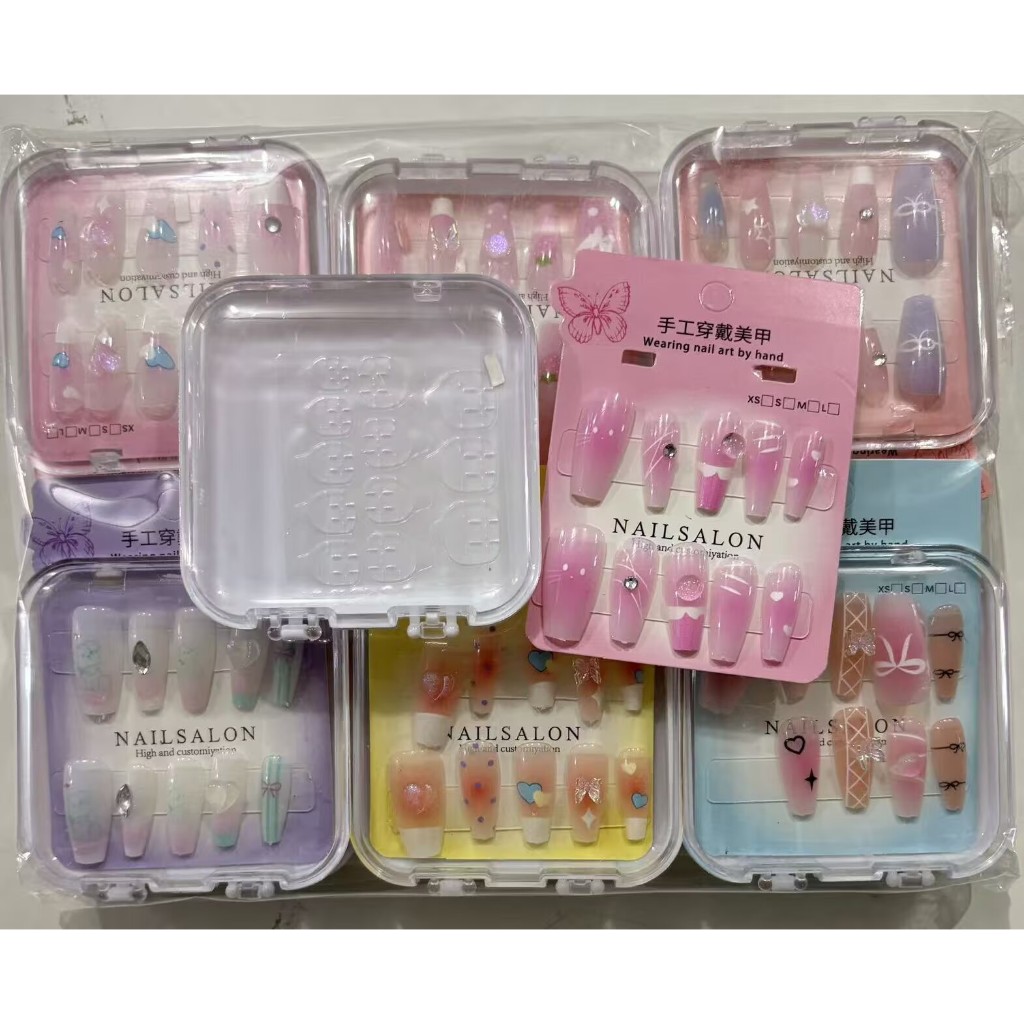 Kit 12/24/48/72 unhas postiças (com adesivo) decoradas com lantejoulas em formato de sapatilha de balé