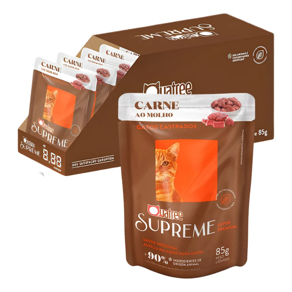 CAIXA (kit) 20 x QUATREE SUPREME SACHE GATOS 85GR CASTRADOS CARNE em Oferta na Shopee