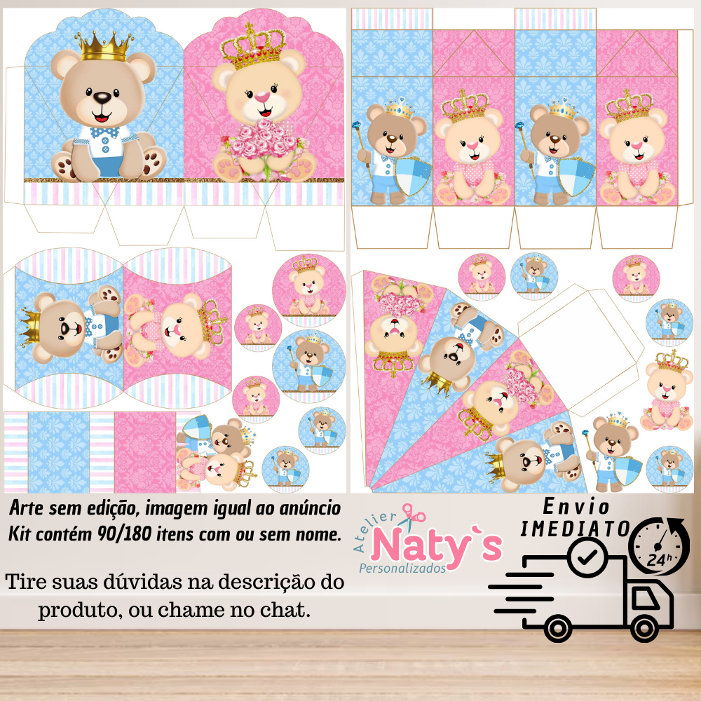 KIT COM 90/180 ITENS TEMA: CHÁ REVELAÇÃO URSINHOS AZUL E ROSA LEMBRANCINHAS COM/SEM NOME -Envio 24H