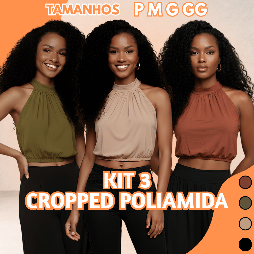Kit 3 Cropped Feminino Moda Gola Alta Poliamida Legítima Promoção Trabalho Dia a Dia Balada Moda 26