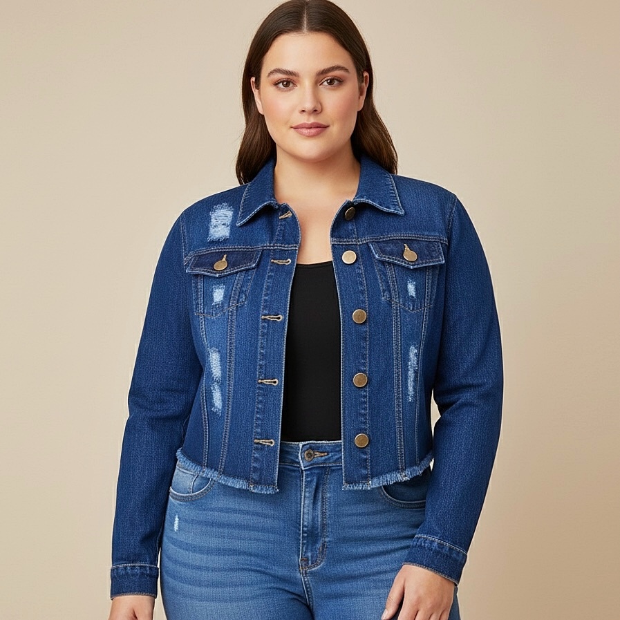 Jaqueta Jeans Feminina Plus Size Denim Escura Manga Longa Cores Desfiada Linha Premium
