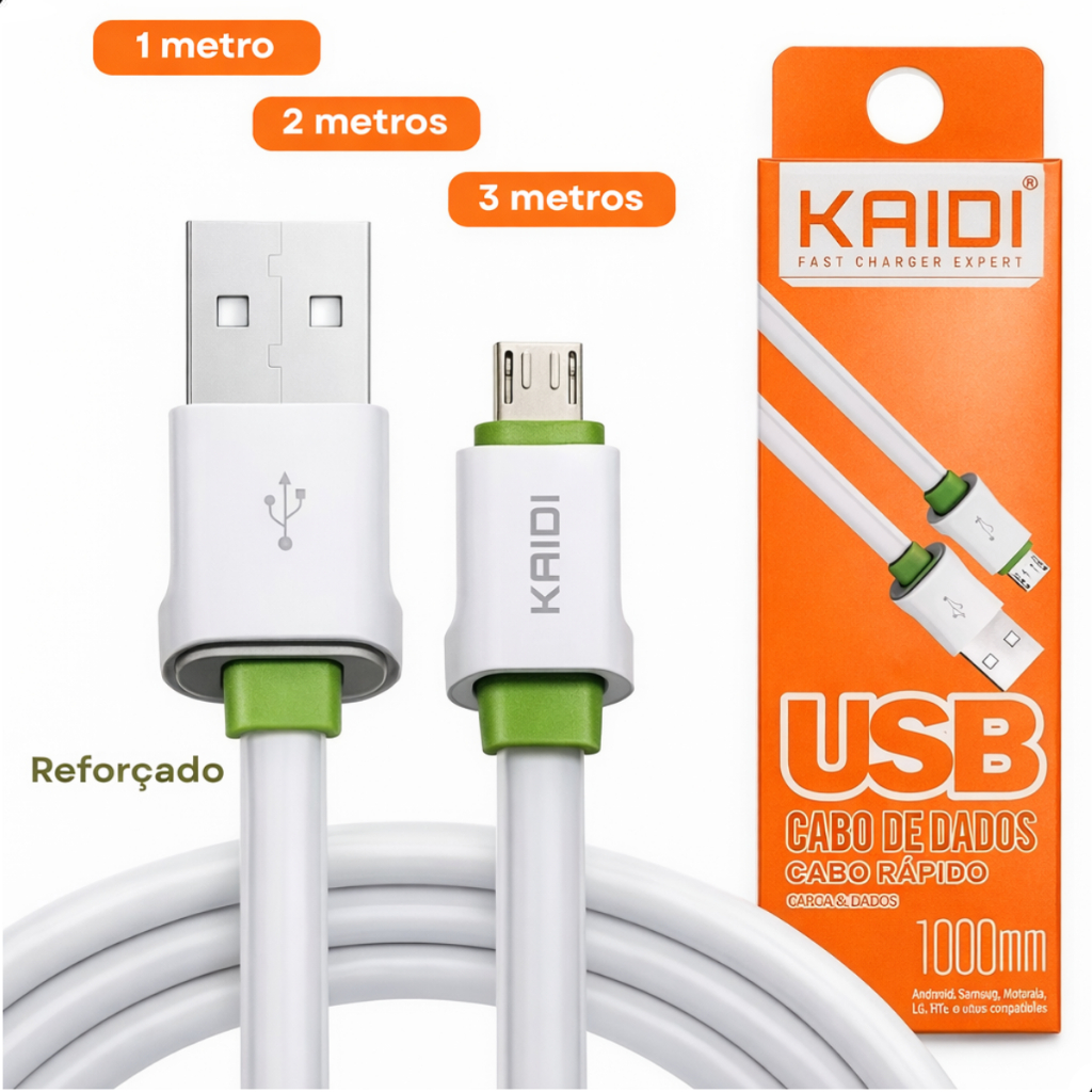 Cabo Carregador Micro Usb V8 Turbo Reforçado 1, 2 e 3 Metros Para Smartphone Android 2.0