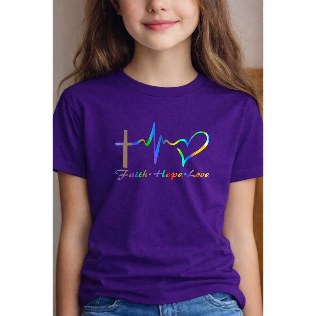 Camiseta Feminina Cristã Infantil 100% Algodão Faith Hope Love com Estampa Religiosa Tamanhos 04 ao 16 em Oferta na Shopee