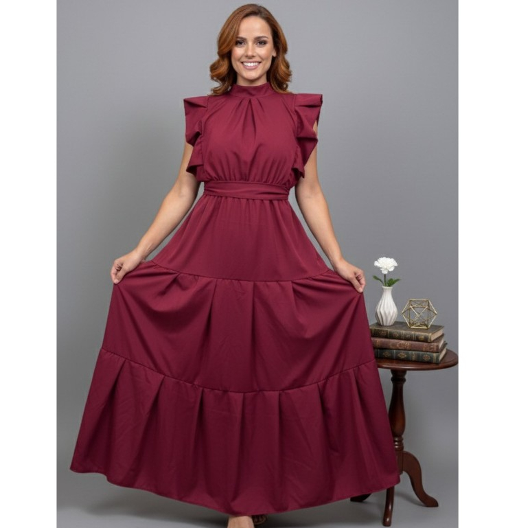 Vestido Feminino Longo Luxo, Evangelico e Festa Saia três Marias com Babado Manga Allana