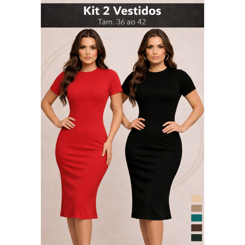 Kit 2 Vestido Longo Canelado com Fenda e  Manga Decote Quadrado Sem Bojo em Oferta na Shopee