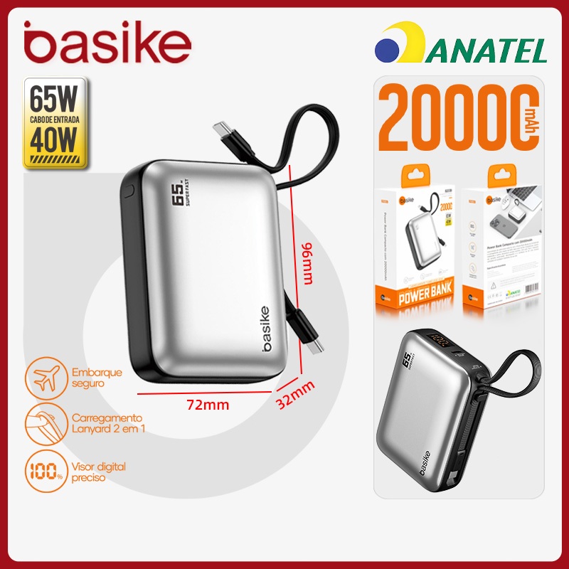 Basike Power Bank Turbo 20000mAh 65W TurboCharge，Carregador Portátil Rápido com Cabo Incluso e Display Digital，b203b em Oferta na Shopee