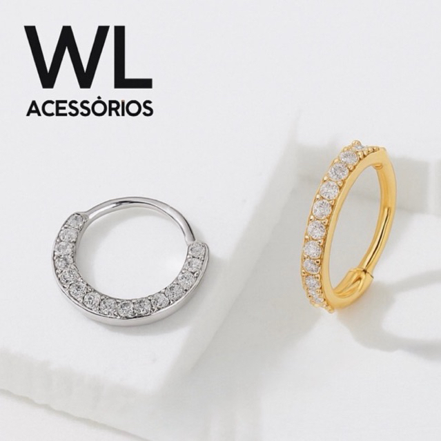 Kit 2 Piercing 8mm Argolas Cravejadas Com Zircônia Prata e Dourado