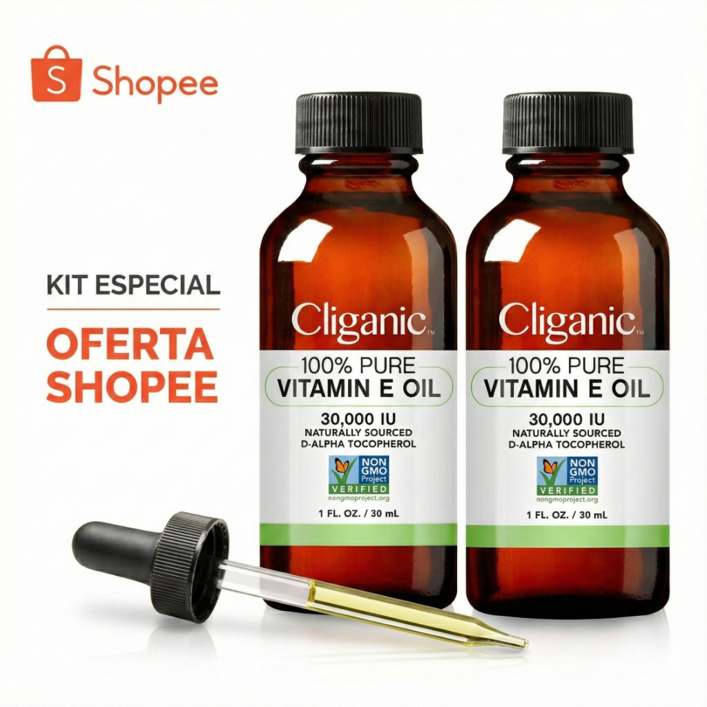 KIT 2 FRASCOS VITAMINA E FACIAL ALTA POTÊNCIA 30.000UI (ACETATO DE TOCOFEROL EM ÓLEO VEGETAL VEGANO) FRASCO VIDRO ÂMBAR