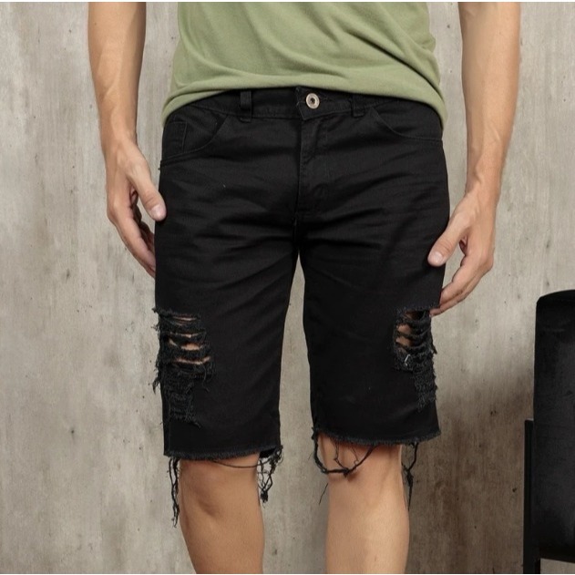 Bermuda Sarja 100% Masculina Preta/Caqui Destroyed Moderna Estilo Casual