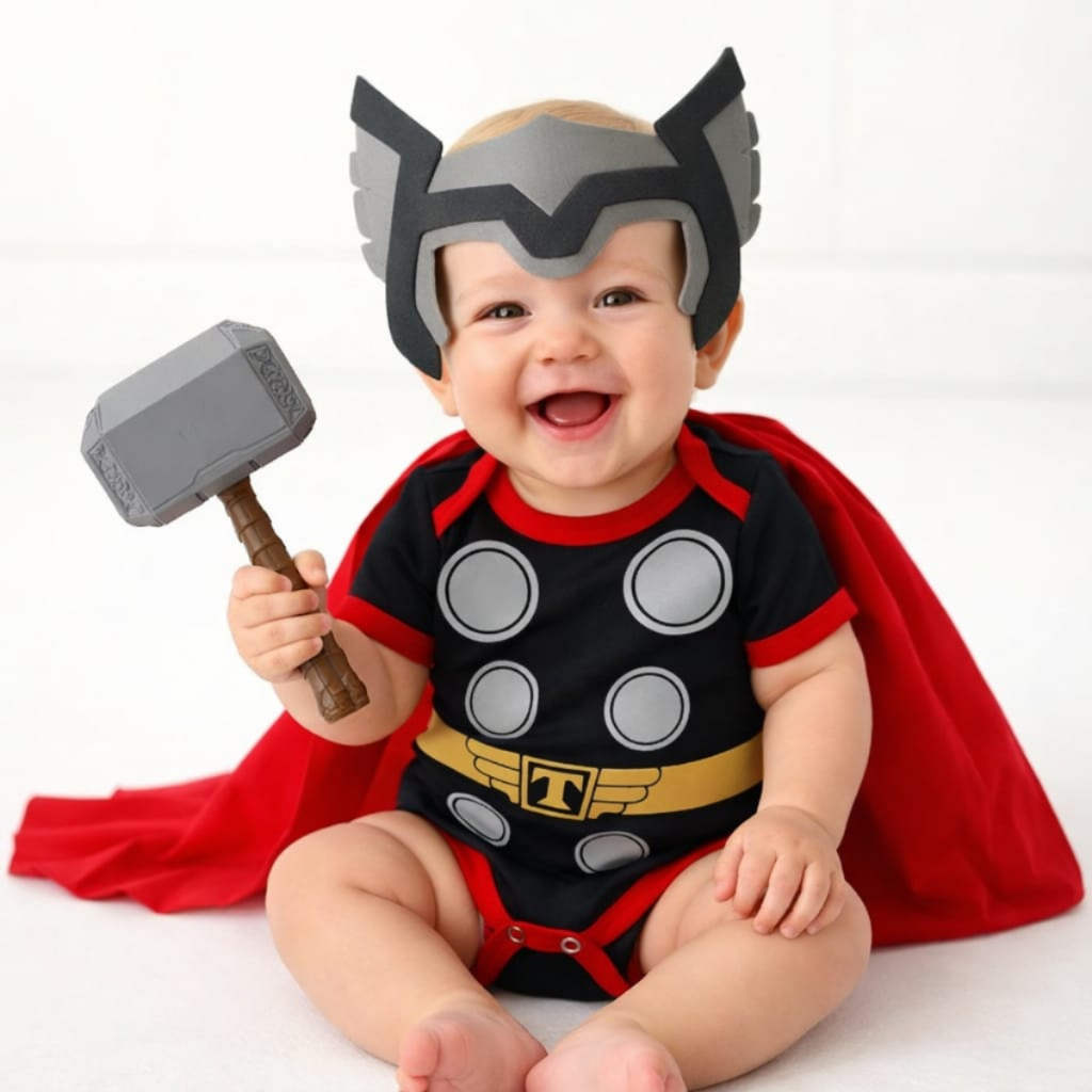 Kit Completo Body Thor Bebê Mesversário com Capa, Máscara e Machado | Fantasia Herói para Fotos
