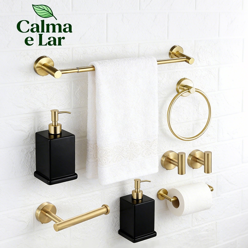 Kit Acessórios Para Banheiro Completo 5 Peças Inox 43-60cm Toalheiro De Banheiro Dourado Escovado Tamanho Ajustável