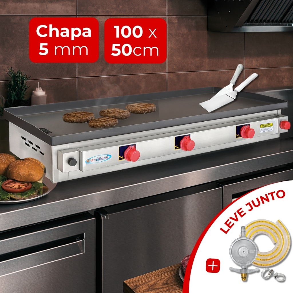 Kit Chapa de Hamburguer Profissional A Gas 2,5 e 5mm Chapeira para Lanche Pratic Metal + Registro