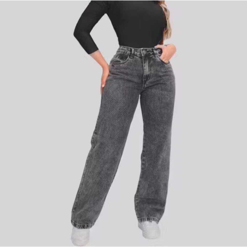 Calça Jeans Feminina Wide Leg grafite Cintura Alta Estonada Moda Blogueira