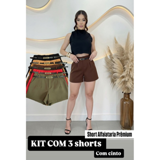 kit com 3 shorts alfaiataria social feminino com bolso e ziper lateral em Oferta na Shopee