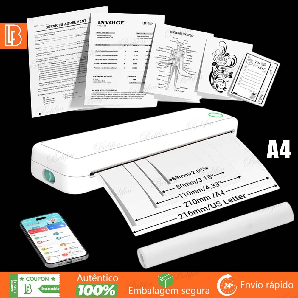 Impressora Portátil Térmica A4 Bluetooth App Celular Sem Fio Recarregável USB Impressão Rápida Bateria 2600mAh