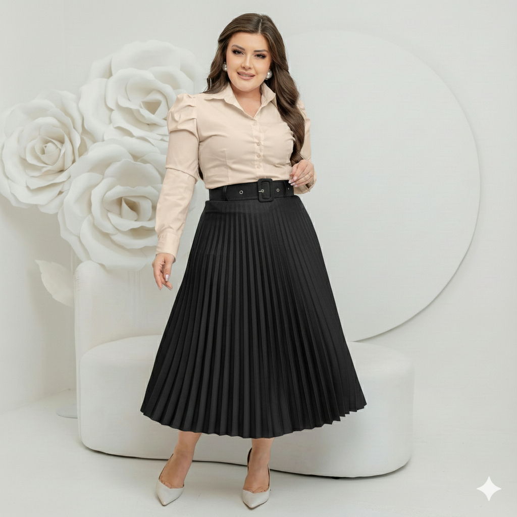 Saia Plissada Midi Com Cinto Feminina Moda Evangélica Social em Oferta na Shopee