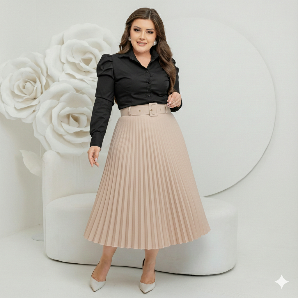 Saia Midi Plissada Com Cinto Feminina Moda Evangélica Social em Oferta na Shopee