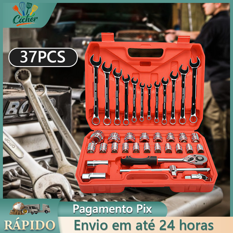 Kit de Ferramentas 37 Peças profissional jogo chave combinada soquetes e catraca grande em Oferta na Shopee