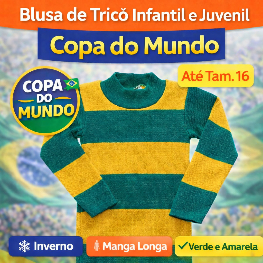 Blusa de Tricô Infantil Verde e Amarela | Menino e Menina | Quentinha | Tam 2 ao 16