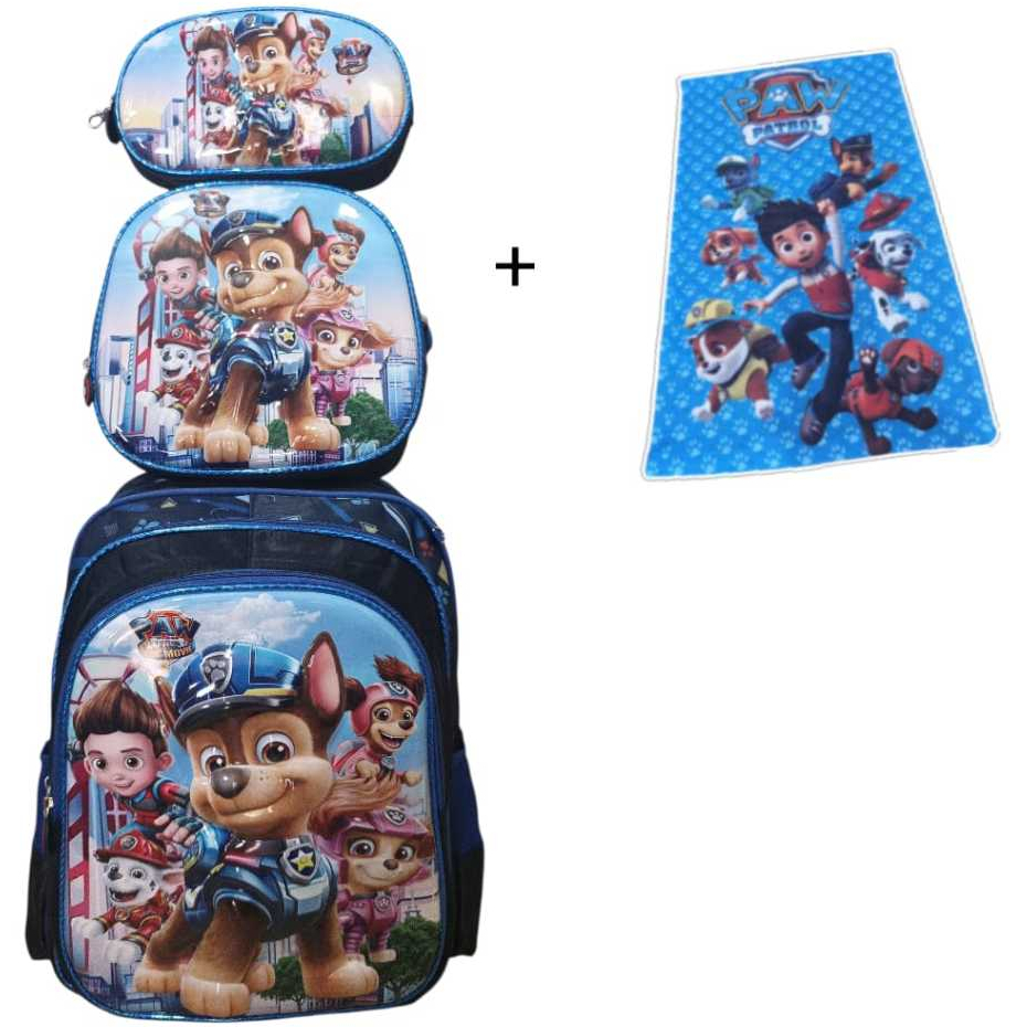 Kit Escolar Patrulha Canina 4 Peças: Mochila 3D Rodinhas + Lancheira + Estojo + Toalhinha
